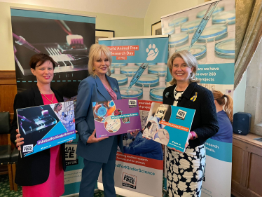 L-R Carla Owen, Chief Executive Officer at Animal Free Research UK; Dame Joanna Lumley; Anna Firth, Member of Parliament for Southend West